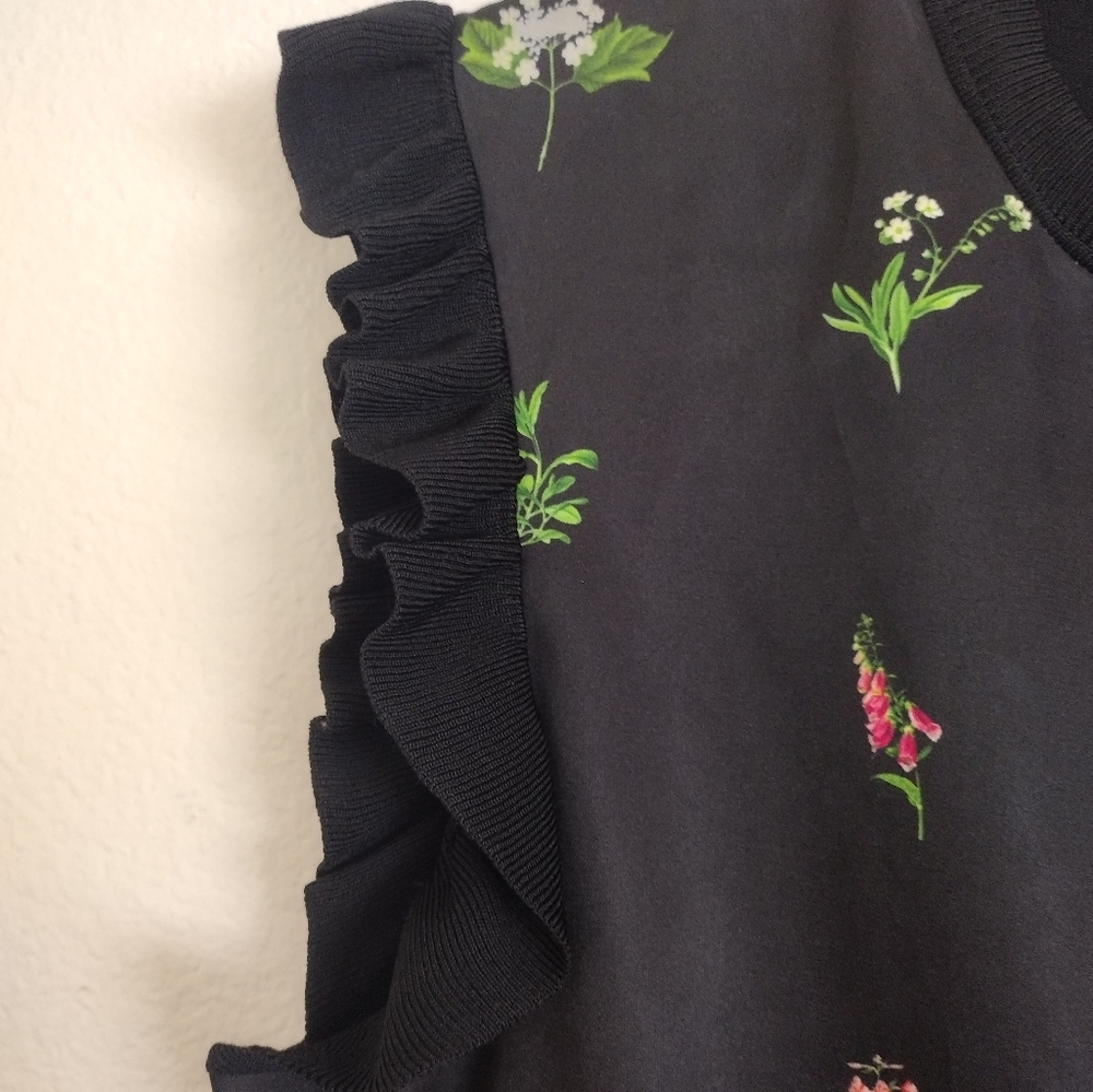 Ted Baker Myshell Florence Sleeves Ruffle Black Floral Top Size 8 (TB 3) - Picture 6 of 10